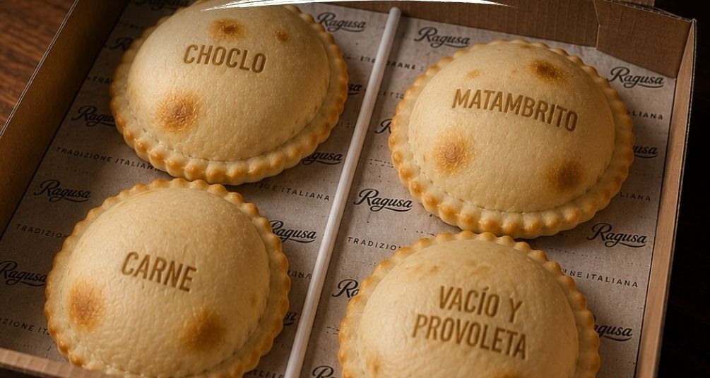 Caja de Ragusa abierta con cuatro empanadas, cada una con su sabor marcado en la masa: choclo, matambrito, carne, y vacío y provoleta.